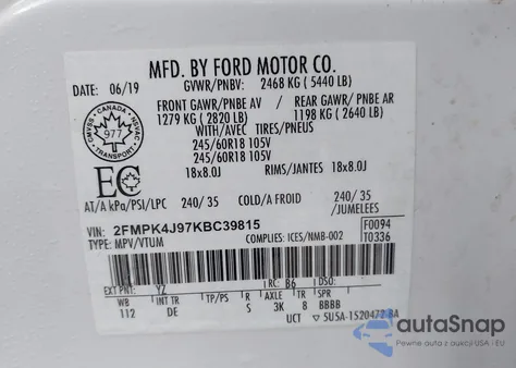 2019 Ford Edge Sel z USA, uszkodzony, nr VIN 2FMPK4J97KBC39815